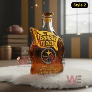 Pittsburgh Steelers The Terrible Towel Custom Whiskey Bottle 7 A Terrible Towel shaped bottle with Steelers logo on white fur with football decor in a warm room.