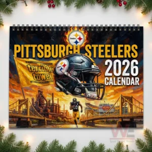 Pittsburgh Steelers twenty twenty six calendar cover with a large helmet a team towel a player and the city skyline!