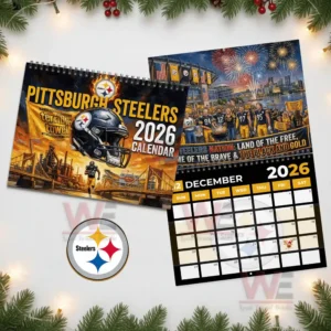 Pittsburgh Steelers twenty twenty six calendar cover next to December page with fans players and fireworks!