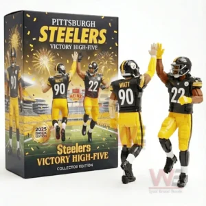 Brick football player figures celebrating a victory hand raise pose displayed next to a themed display box!