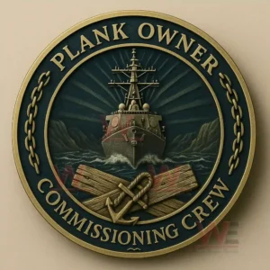 A circular coin with a naval ship rays in the background and crossed planks with an anchor at the bottom!