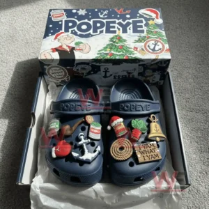 Popeye Christmas clogs with nautical and holiday charms displayed inside a festive gift box!