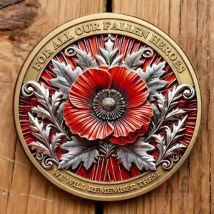 Remembrance coin with red poppy and ornate metallic leaf design honoring fallen heroes!