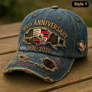 Vintage blue denim Porsche anniversary cap with distressed texture and embroidered crest on the front panel!