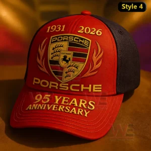 Porsche 95th Anniversary 1931-2026 Cap hat 11 Red and black Porsche anniversary cap with ornate embroidered crest and celebratory design on the front!