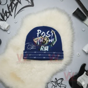 Blue Post Malone beanie with performance graphic and barbed wire accents.