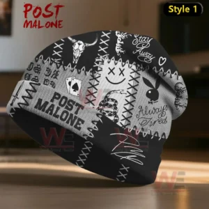 Black and grey Post Malone beanie with patchwork and tattoo motifs in dim room.