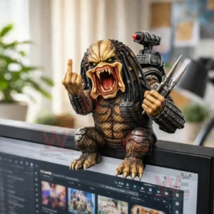 Predator Desk Companion 3D Resin Figurine 3 Predator themed desk figure perched above a monitor with detailed armor dreadlocks and a fierce open mouth pose!