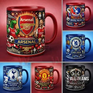 Football themed mugs displaying Arsenal Chelsea Manchester United Tottenham Hotspur Newcastle United and Crystal Palace designs for fan collections!