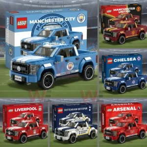Premier League Football Clubs Off Road Truck Building Set 3 Display of football club themed off road truck building sets with multiple team styles!