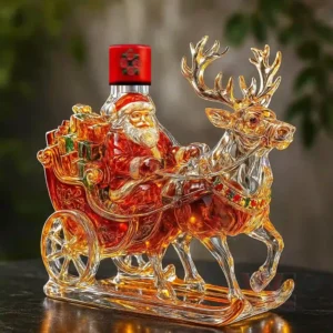 Santa sleigh glass decanter bottle with reindeer figure standing on a table!