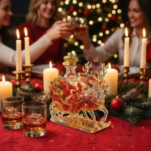 Santa sleigh glass decanter placed on a Christmas dinner table with warm lighting!