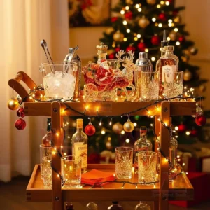 Santa sleigh glass decanter on a festive bar cart with lights and holiday decor!
