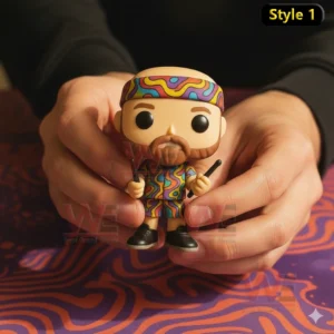 A colorful vinyl style musician figure with a headband and beard holding drumsticks while being held in two hands on a psychedelic background!