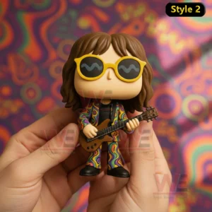 A vinyl style guitarist figure with long hair and yellow sunglasses holding an electric guitar against a colorful psychedelic background!