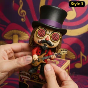 A vinyl style musician figure with a top hat spiral glasses and a red jacket holding a guitar in a colorful music themed setting!