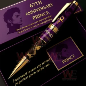 Close view of Prince sixty seventh anniversary pen with gold accents displayed on its decorated box.