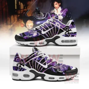 Purple Prince themed shoes with symbolic graphics displayed on a box before an image of the artist!