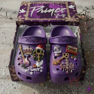 Purple Prince themed clogs in a box decorated with musical and holiday charms!