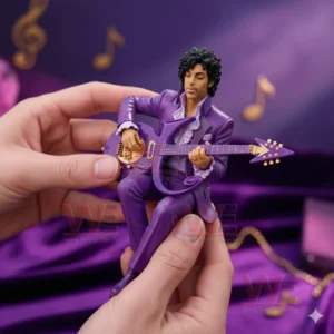 Hands holding a purple musician figurine sitting and playing a purple guitar with gold details in a purple themed setting!