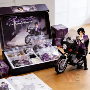Prince Singer 47th Anniversary Collector Brick Edition 4 Open brick collector set with organized parts instructions and a motorcycle figure on a table!