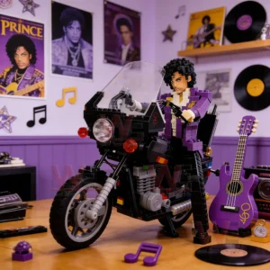Prince Singer 47th Anniversary Collector Brick Edition 5 Brick musician figure on a motorcycle displayed in a purple music themed room with instruments and records!