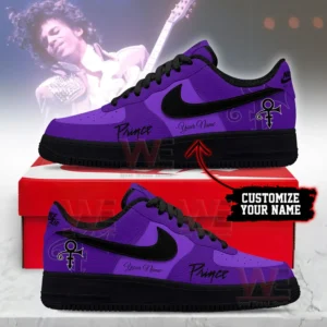 Custom purple and black music themed sneakers with personalized name shown on display box!