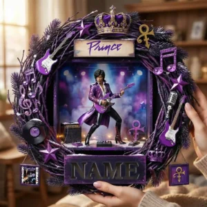 Purple christmas wreath ornament with musician figure guitar stage lights crown and music themed decorations!
