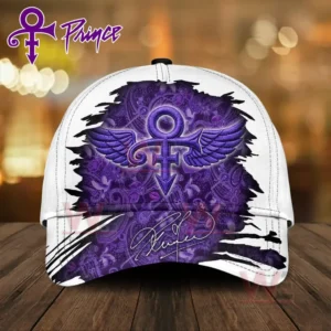 White cap with purple artistic symbol design inspired by a famous musician displayed on a wooden table!