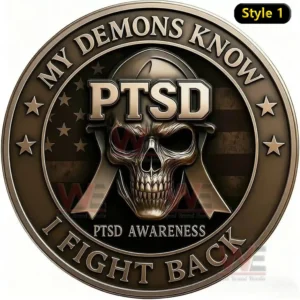 Bronze PTSD awareness challenge coin with skull design and motivational engraved text!