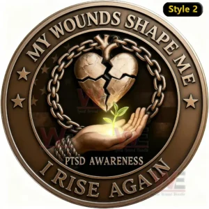 PTSD Awareness Challenge Coin 3 Bronze PTSD awareness challenge coin with cracked heart chain and hand holding glowing sprout!