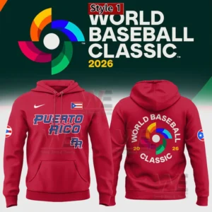 Red Puerto Rico World Baseball Classic 2026 hoodie with Puerto Rico text on the front and tournament logo on the back!