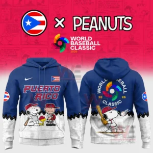 Blue hoodie shown front and back with Puerto Rico text flag patches Peanuts character baseball artwork and World Baseball Classic 2026 logo on a red collaboration background.