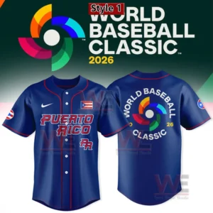 Blue Puerto Rico World Baseball Classic 2026 baseball jersey with Puerto Rico text on the front and tournament logo on the back!