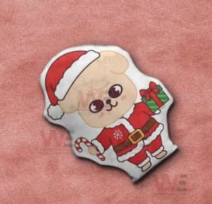 PuppyM Stray Kids Custom Shaped Pillow 5 Puppy santa pillow shown on a pink fabric background!