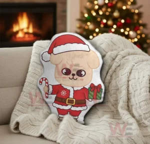 PuppyM Stray Kids Custom Shaped Pillow 7 Puppy santa pillow on a sofa with a warm christmas living room scene!