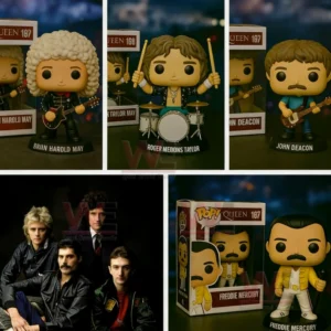 Queen band collectible figures arranged together featuring multiple members in signature performance styles!