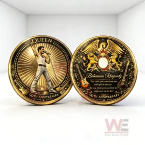 Two gold Queen commemorative coins on a white background featuring a live performance pose and an elaborate music themed design!