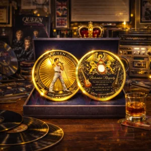 Queen themed gold commemorative coins displayed in a vintage music room with records audio gear and warm ambient lighting!