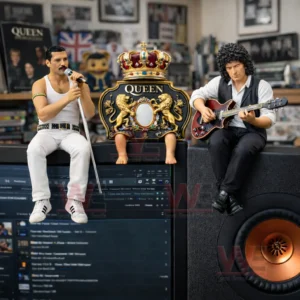 QUEEN Desk Companion Collector 3D Resin Figurine Set 6 Queen themed figure set with singer guitarist and crown emblem displayed on speaker surfaces!