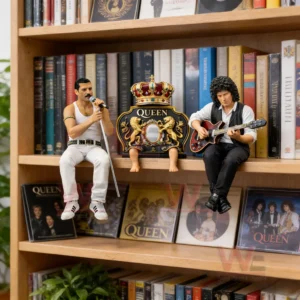 QUEEN Desk Companion Collector 3D Resin Figurine Set 7 Music figure display on a bookshelf with albums books and seated band member figures!