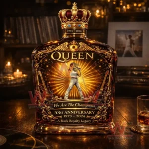 Queen We Are The Champions 53Rd Anniversary 1973-2026 Whiskey Bottle 5 Queen themed whiskey bottle with crown cap on a table in a cozy bar scene with candles warm lights and a label featuring a singer with golden rays and 53rd anniversary 1973 2026 text.