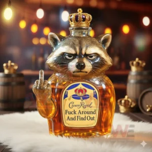 A raccoon shaped whiskey bottle with a crown cap and raised middle finger displayed on white fur in a bar environment.