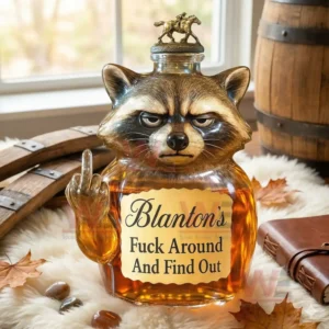 A raccoon themed whiskey bottle with rider cap on fur surrounded by barrels and autumn leaves.