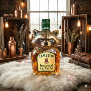 A raccoon shaped bottle with green cap on white fur with copper bar tools and books in a rustic room.
