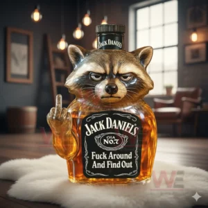 A raccoon themed whiskey bottle with black cap and raised rude gesture on white fur in a modern dark room.