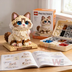 Ragdoll cat building block model on a table with an instruction manual and a parts organizer tray beside the product box!