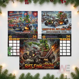 Collage of Rat Fink twenty twenty six calendar pages showing July December and the main cover with hot rod artwork.
