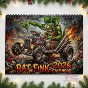 Rat Fink 2026 Wall Calendar 8 Rat Fink twenty twenty six calendar cover showing Rat Fink driving a flaming hot rod through debris.