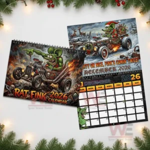 Rat Fink 2026 Wall Calendar 9 Rat Fink twenty twenty six calendar cover next to December page with a snowy junkyard hot rod scene.